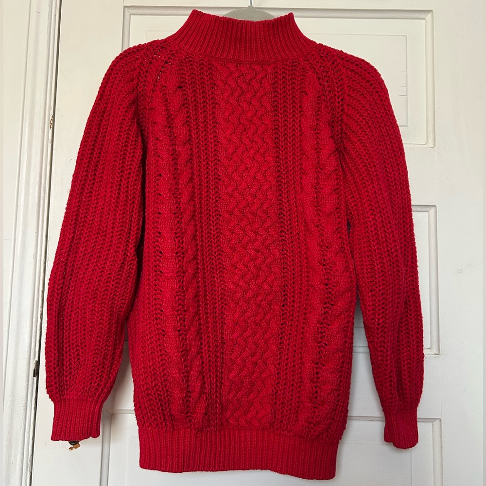 Vintage Cable Knit Red Small Sweater Natural Fiber Chunky Apres Mock Neck Cozy